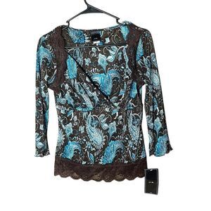 JTB Paisley Blue‎ & Black V-Neck Top Blouse Sequin Detail Size M NWT